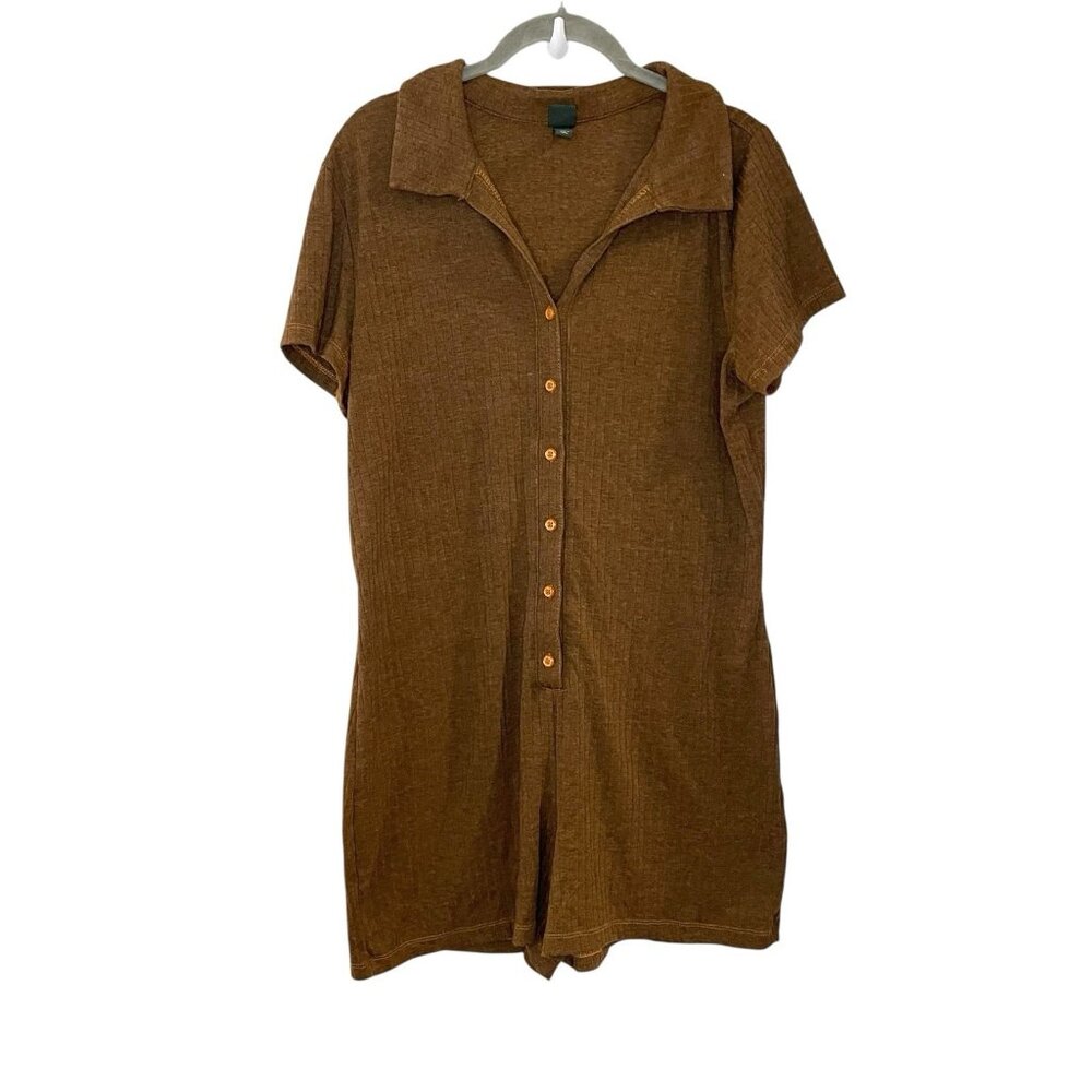 Wild Fable Short Sleeve Button-Front Romper Brown Retro Stretchy 70s Style XL